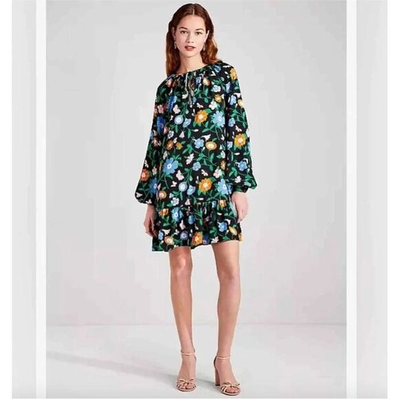 NWT Kate Spade Garden Floral Tie Neck Shift Mini Dress Black Multicolor S $298 - Picture 6 of 8